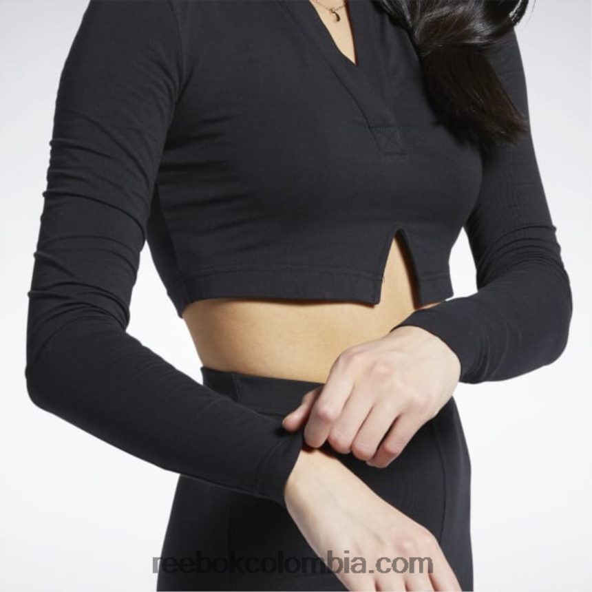 mujer negro polo clásico de manga larga Reebok D260LP669